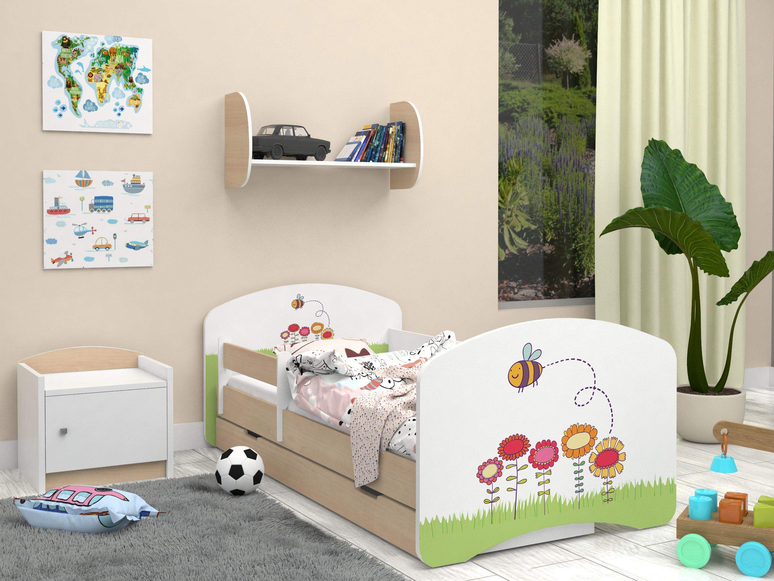 Happy Babies – dwustronne łóżko dziecięce z szufladą, nowoczesne wzornictwo z bezpiecznymi krawędziami i zabezpieczeniem przed upadkiem, materac piankowy, 7 cm, lekka żarówka (pszczoła, 190/90)
