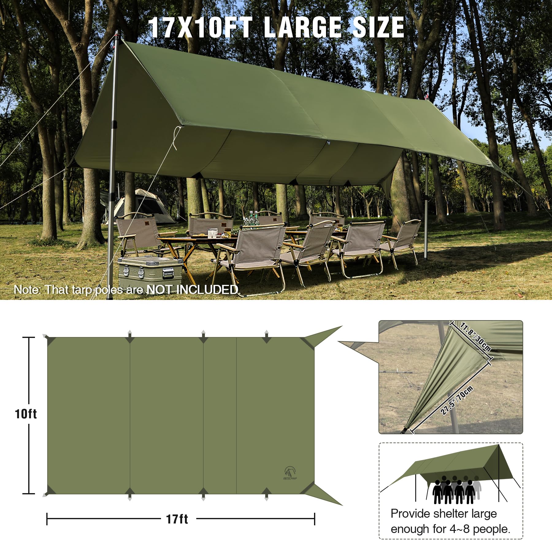 REDCAMP Bâche de Protection imperméable pour hamac - 3 x 4,9 m - Légère - pour randonnée en Plein air - Vert