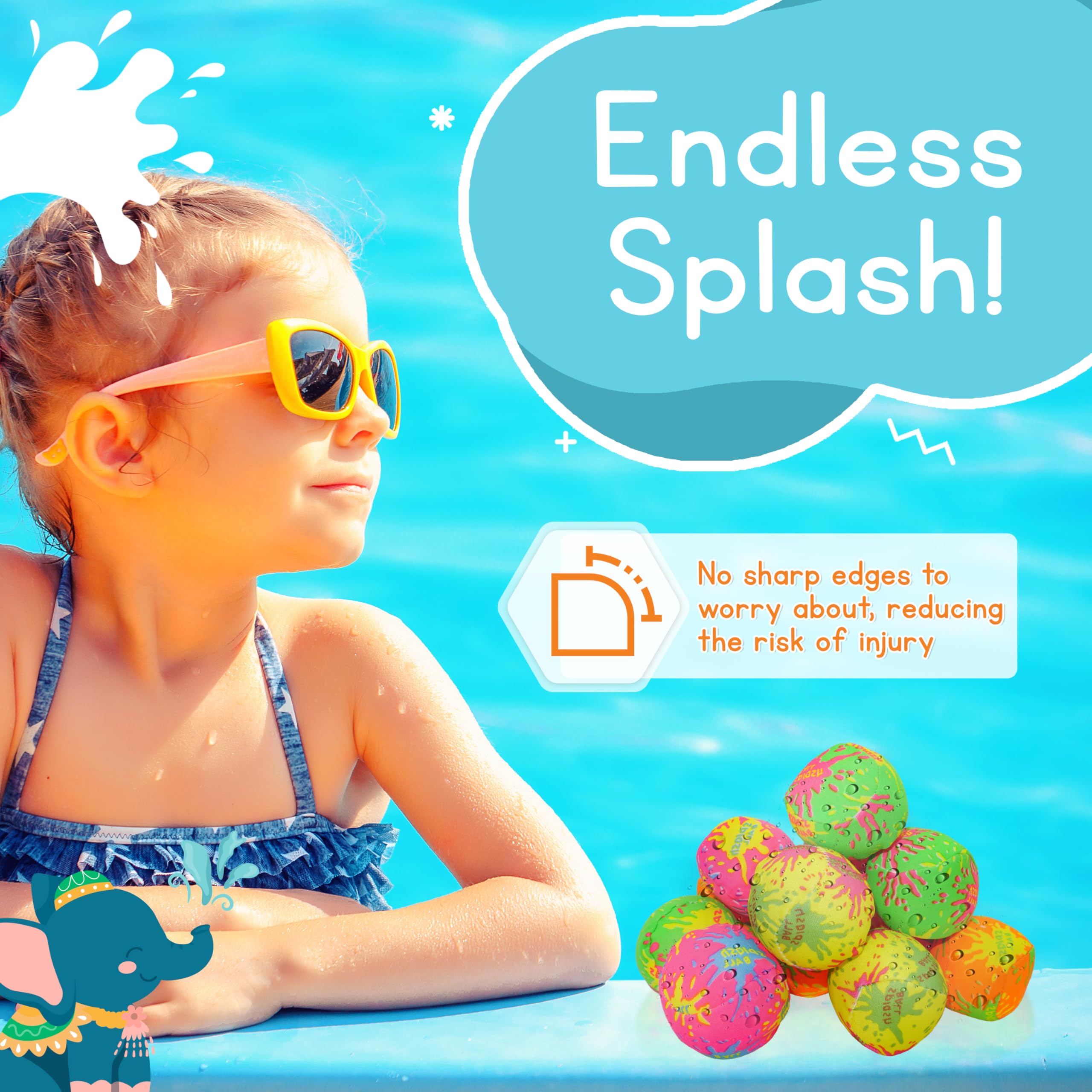 4E's Novelty 24 Pack - 2" Water Bomb Splash Balls - Mini Water Absorbent Ball - Kids Pool Toys, Outdoor Water Activities For Kids, Pool Beach Party Favors. Water Fight Games