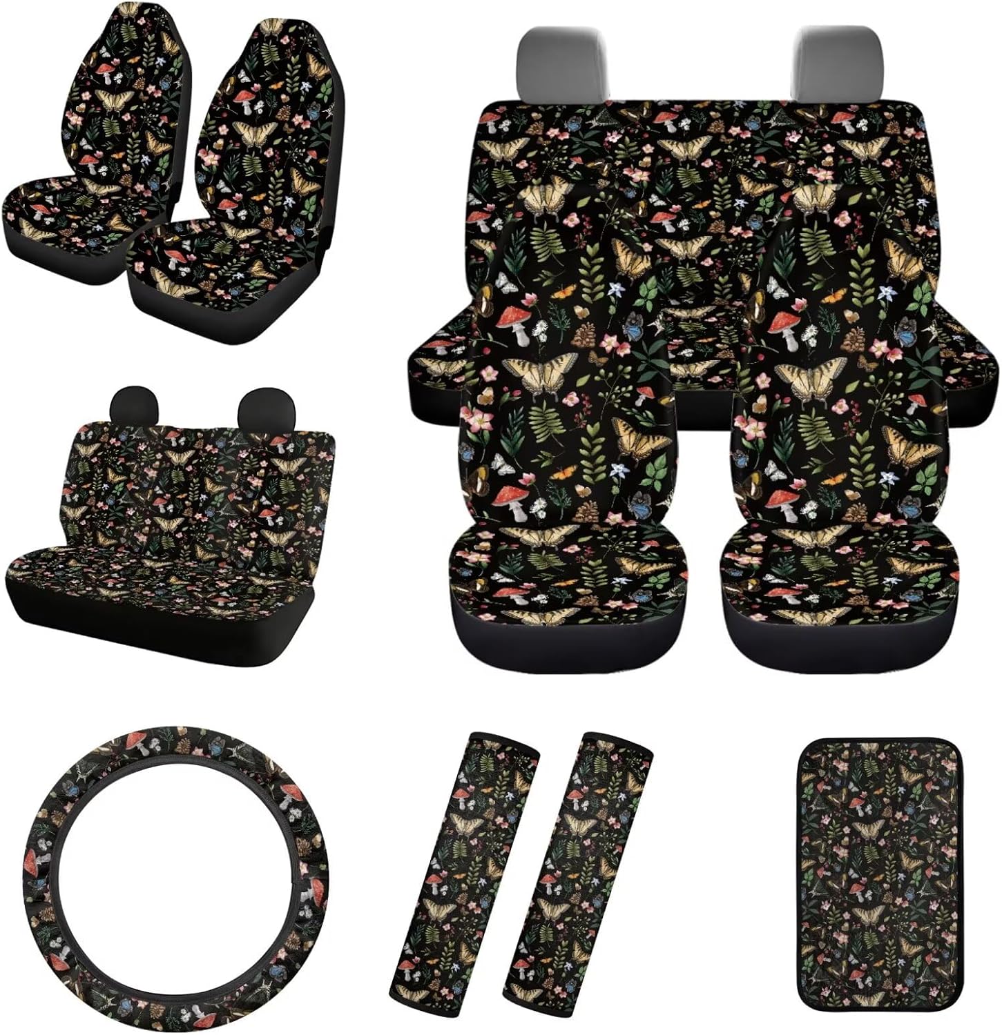 Car Seat Covers Set of 7,Front and Rear Bench Seat Covers Car Center Console Cushion Pad Car Steering Wheel Protector Shoulder Seatbelt Pads Cover,Decor Car Accessories Butterfly Design