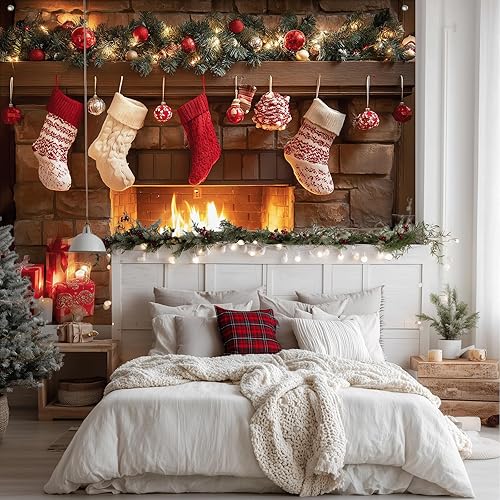 Miniatura 3 de Pancarta de fondo de Navidad para chimenea, 8 x 6 pies, medias colgantes, pancarta de fiesta de vacaciones, color rojo y blanco, fondo de decoración