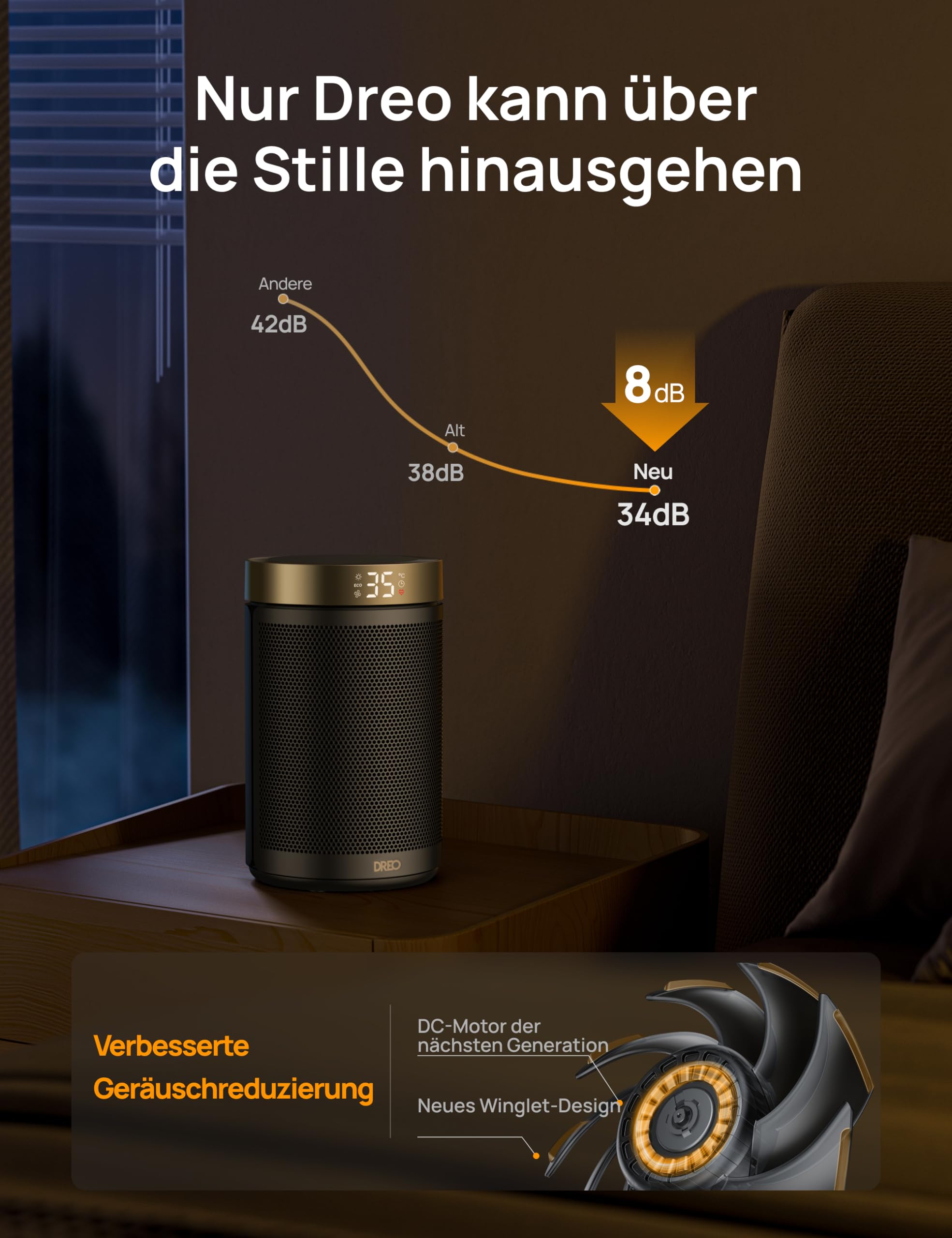 Dreo Energiesparender Heizlüfter 1500W PTC Keramik Thermostat Überhitzungs- & Kippschutz 12 Std. Timer Elektroheizung Gold