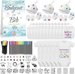 78PCS Baby Bib Bodysuit Baby Shower Set Baby Shower Game Sign Baby Feede Bib Newborn Bodysuit Fabric Marker