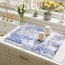 Findosom Large Stone Dish Drying Mat for Kitchen Counter, 15.3" 23.6" Foldable Non-Slip Stone Drying Mat with Abstract Pattern, Heat Resistant Diatomaceous Earth Mat for Bath, Dishes, Cups, Blue
