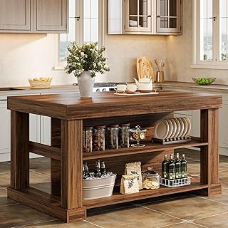 Tribesigns Kitchen Island with 3 Shelves, 55 Inches Width Kitchen Shelf with Large Worktop, Stable Wooden Structure, Farmhouse Style, Easy to Assemble, Dark Brown