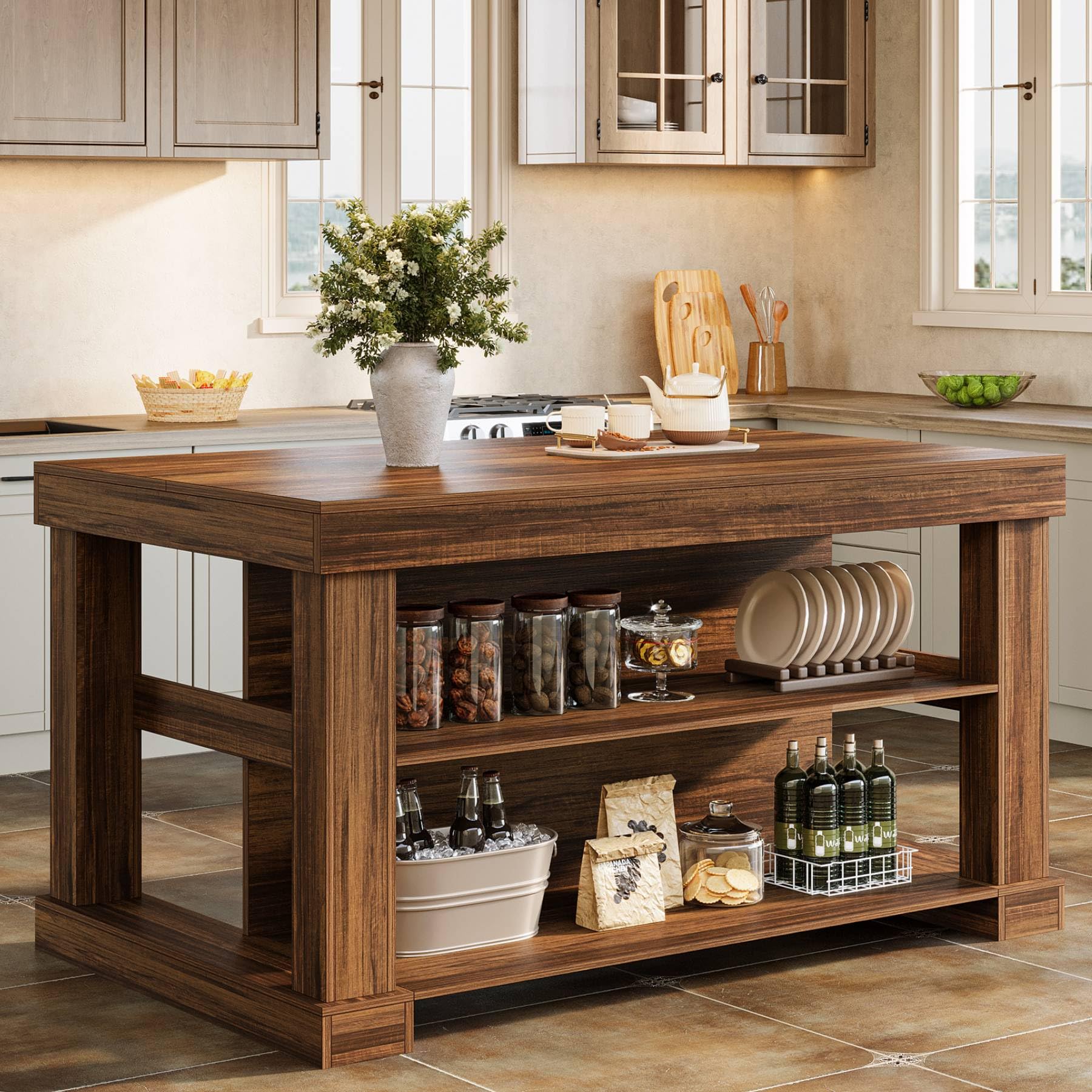 tribesigns 55" kitchen island with seating and storage, 3-tier farmhouse wood stationary island table with large worktop & leg room, coffee bar table with storage shelves for kitchen, dark brown