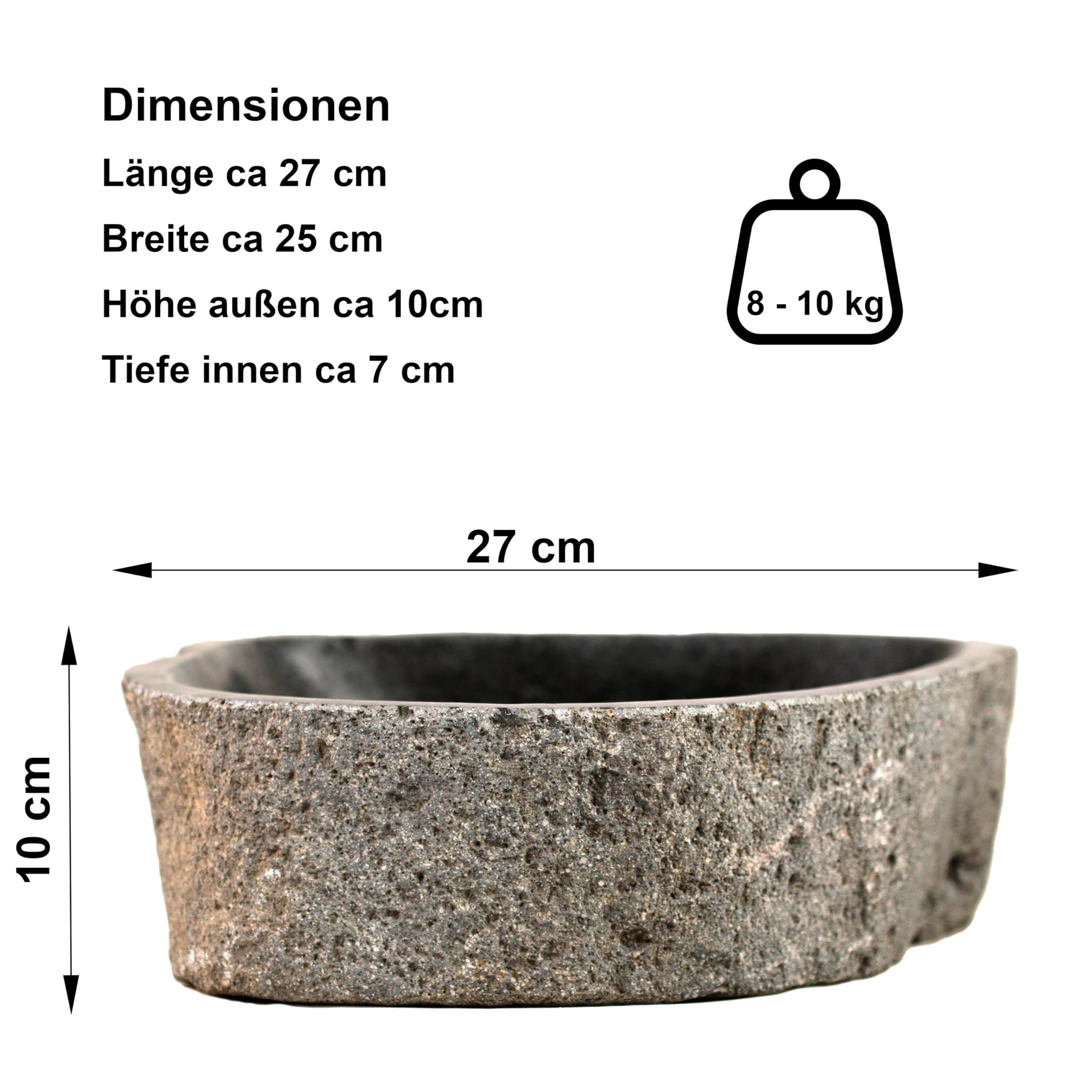 Steintrog Vogeltränke - Tier-Wassernapf aus Naturstein - Handgefertigte Schale - für Vögel, Hunde & Katzen - Frost- & Wetterfest - Garten Deko Wasserschale (Massiv)