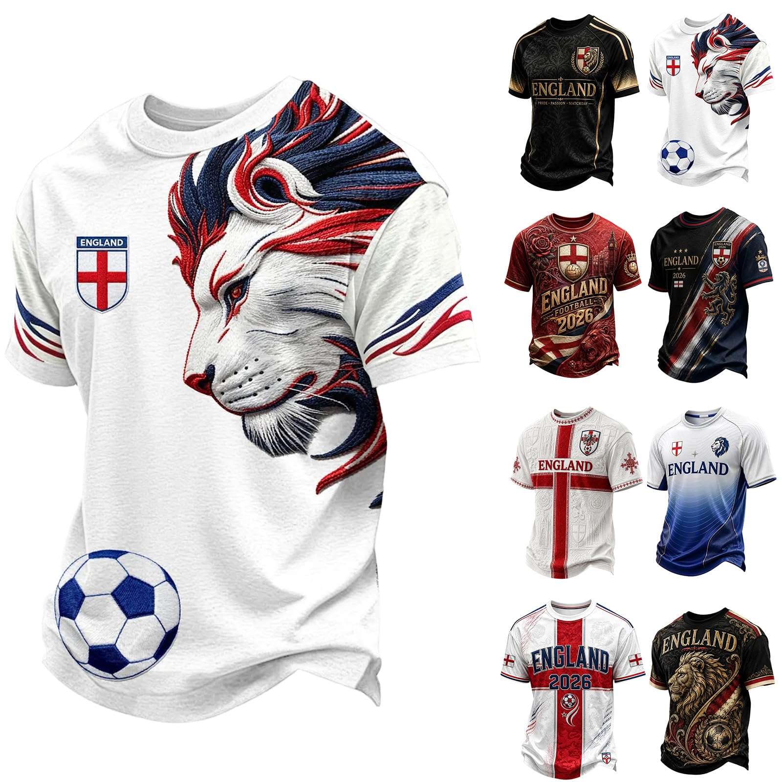 XOLTOAN Men’s England Football Shirt 2026 with Lion Print Short Sleeve Shirt for Supporters of Football Casual National Flag Print Shirts Outdoor Sports Top 11#White M