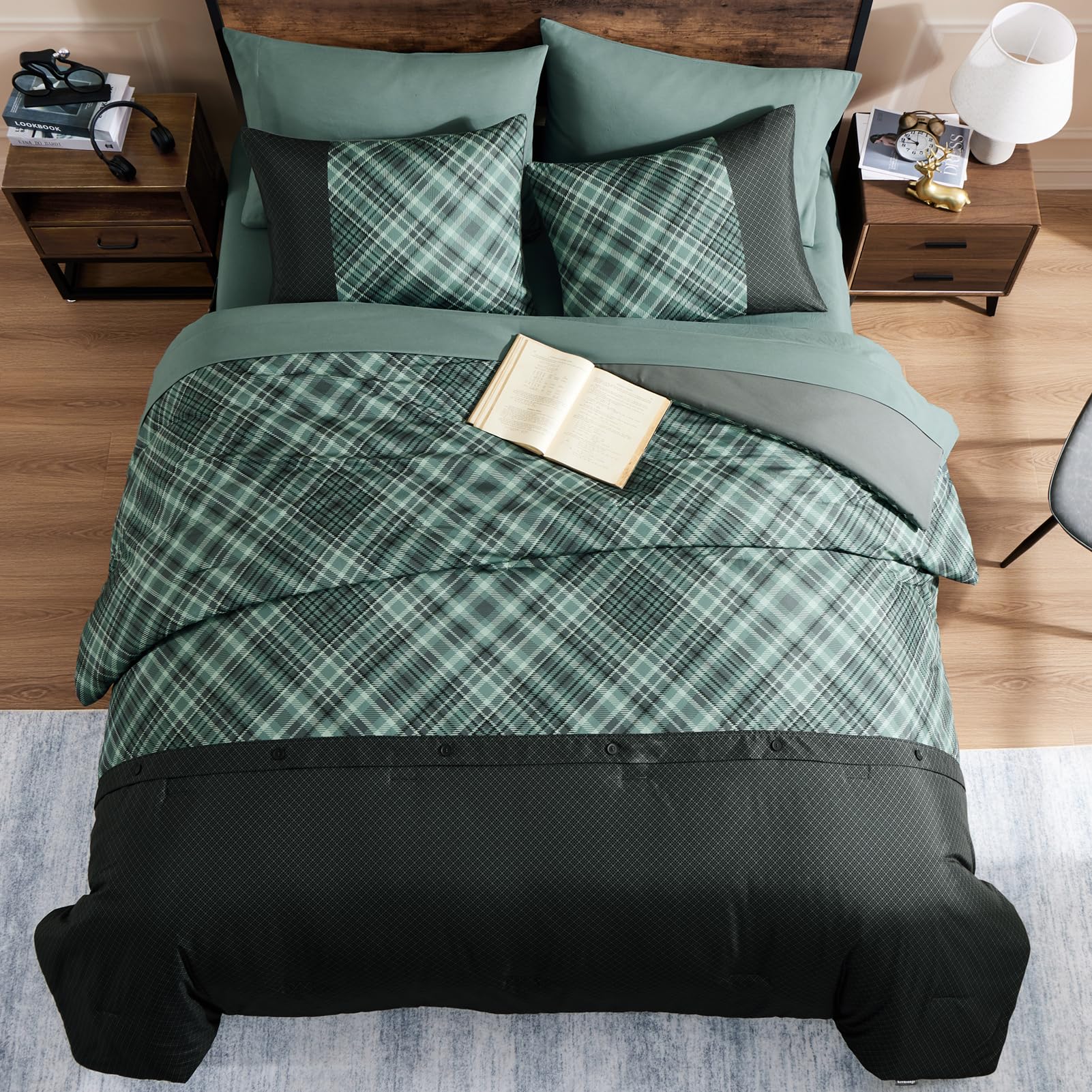 WRENSONGE Plaid Queen Comforter Set, 7 Pieces Black Green Printed and Spliced Plaid Herringbone Bedding Set, Microfiber Soft Farmhouse Comforter Set, Lightweight Breathable for All Seasons