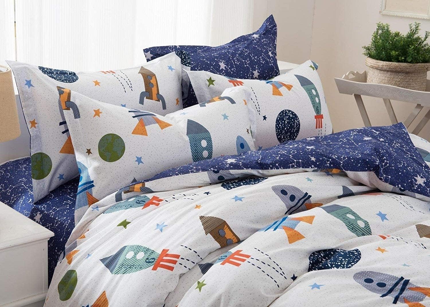 Brandream Twin Size Kids Bedding Set 100% Cotton Boys Space Galaxy Bedding Set 3-Piece Duvet Cover Set (Duvet Cover + Flat Sheet + Pillowcase)