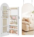 SONGMICS Jewelry Organizer, LED Jewelry Cabinet Wall/Door Mounted, Lockable Rounded Wide Mirror with Storage, Interior Mirror, 10 x 42 x 108 cm, White Surface with Greige Lining