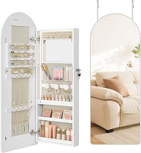 SONGMICS Wide Jewelry Organizer Wall/Door Mounted Arched Mirror with Storage, Lockable, Rounded Corner, Interior Mirror, 3.9 x 16.5 x 42.5 Inches, Cloud White UJJC020W01