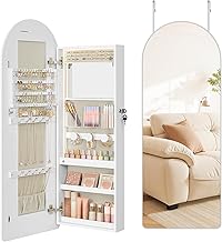 SONGMICS Wide Jewelry Organizer, LED Jewelry Cabinet Wall/Door Mounted, Arched Mirror with Storage, Lockable, Rounded Corner, Interior Mirror, 3.9 x 16.5 x 42.5 Inches, Cloud White UJJC020W01