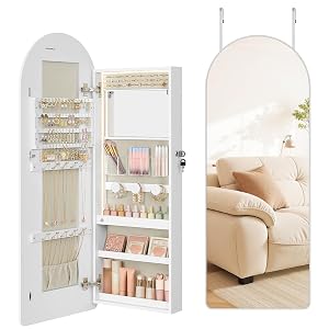 SONGMICS Wide Jewelry Organizer LED Jewelry Cabinet Wall Door Mounted Arched Mirror with Storage Lockable Rounded Corner Interior