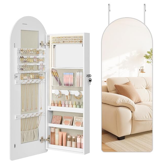 SONGMICS Wide Jewelry Organizer LED Jewelry Cabinet Wall Door Mounted Arched Mirror with Storage Lockable Rounded Corner Interior