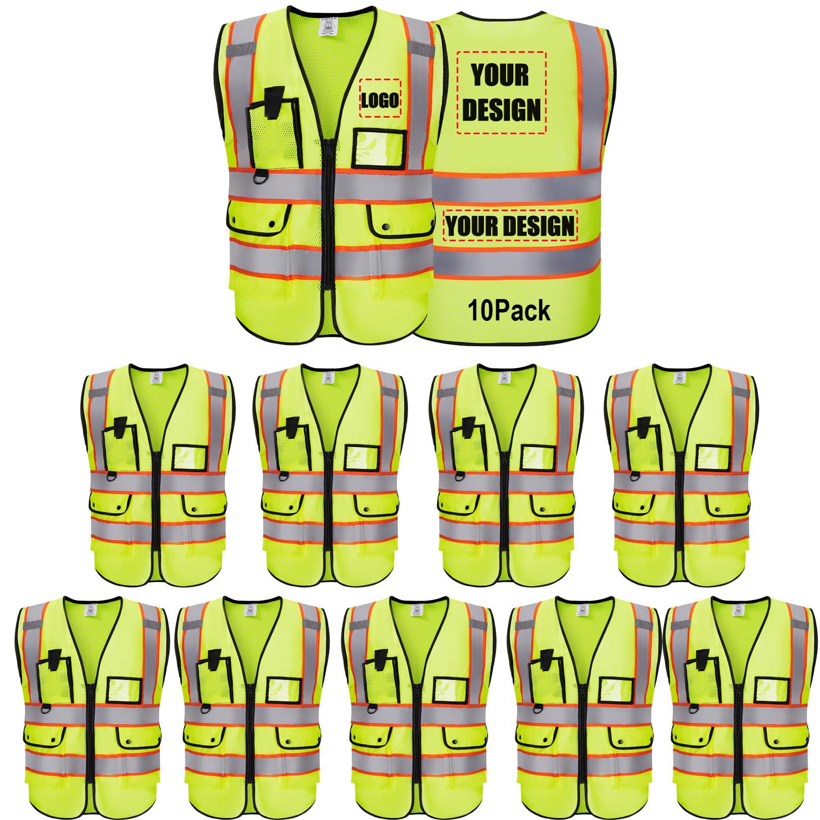 Reflective Vest Class 2 Safety Vests ANSI with Pockets Zipper High Visibility Construction Uniform