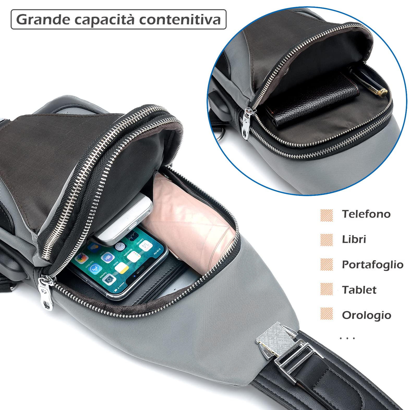 Mixroom - Monospalla Uomo Borsa Marsupio zaino zainetto borsello a tracolla petto USB Z27