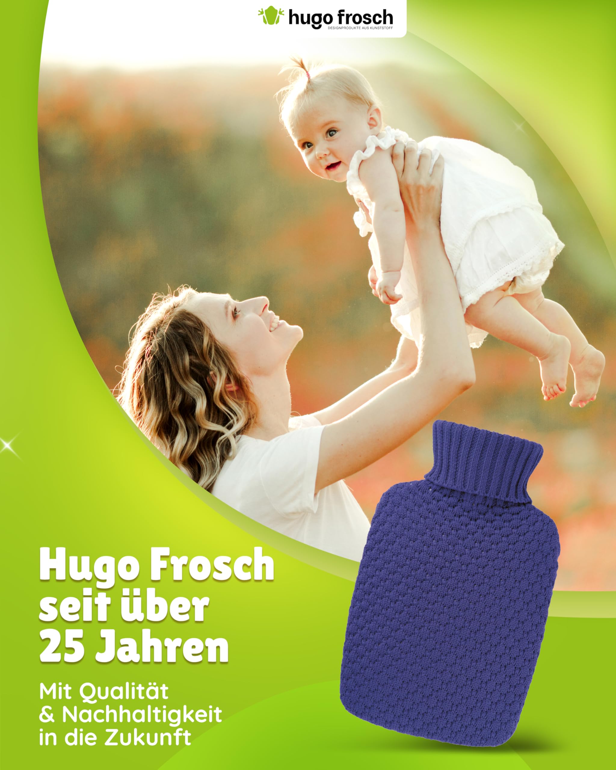 Hugo Frosch Wärmflasche Plant 1,8l – Made in Germany – mit kuscheligem Strickbezug Blau aus Bio-Baumwolle – große, auslaufsichere Bettflasche - mit waschbarem Bezug