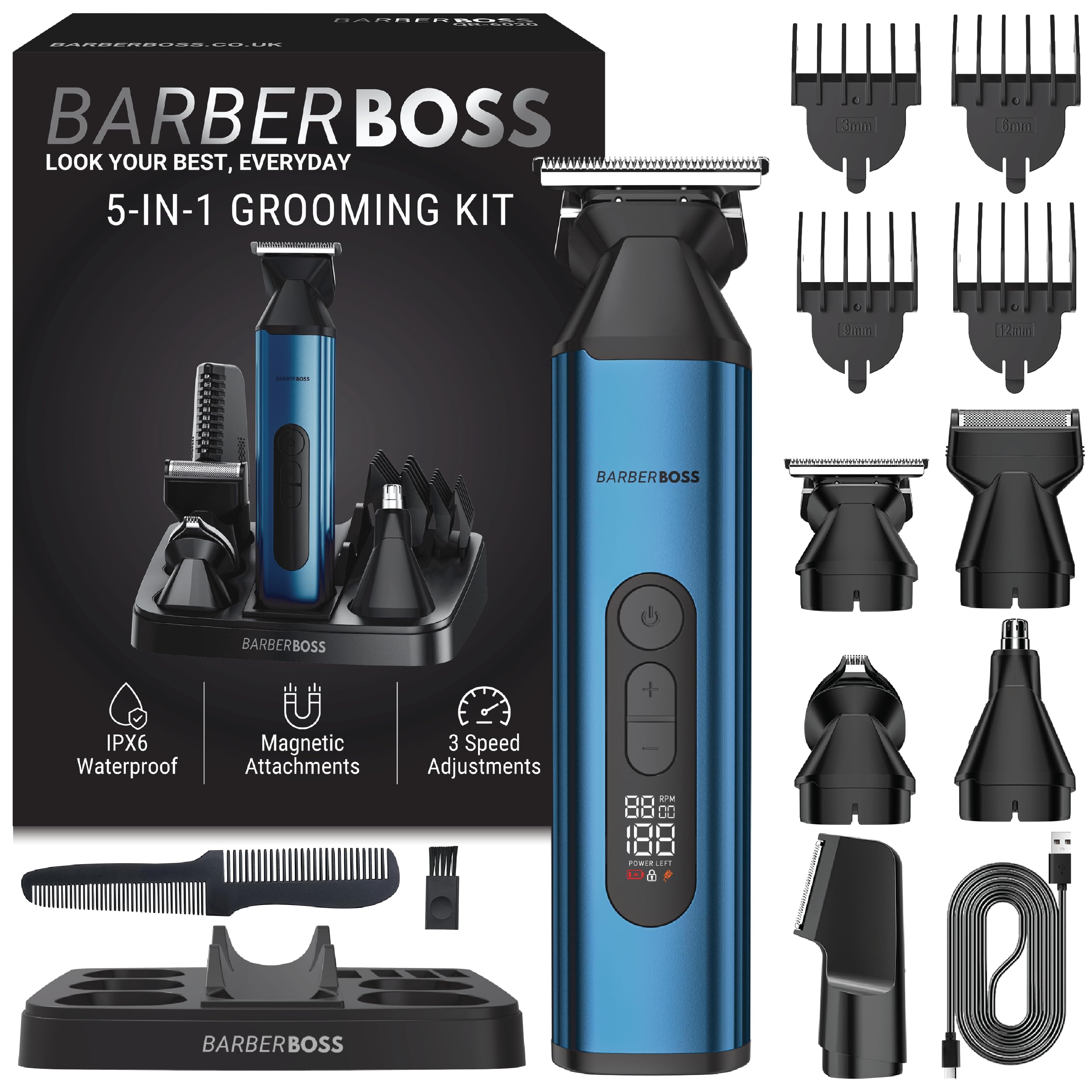 BarberBoss All-in-one Men’s Grooming Kit, Beard, Hair & Body Trimmer with Nose & Ear Trimmer and Foil Shaver, Cordless USB Rechargeable Groomer for Men with LED Display & 3 Speeds