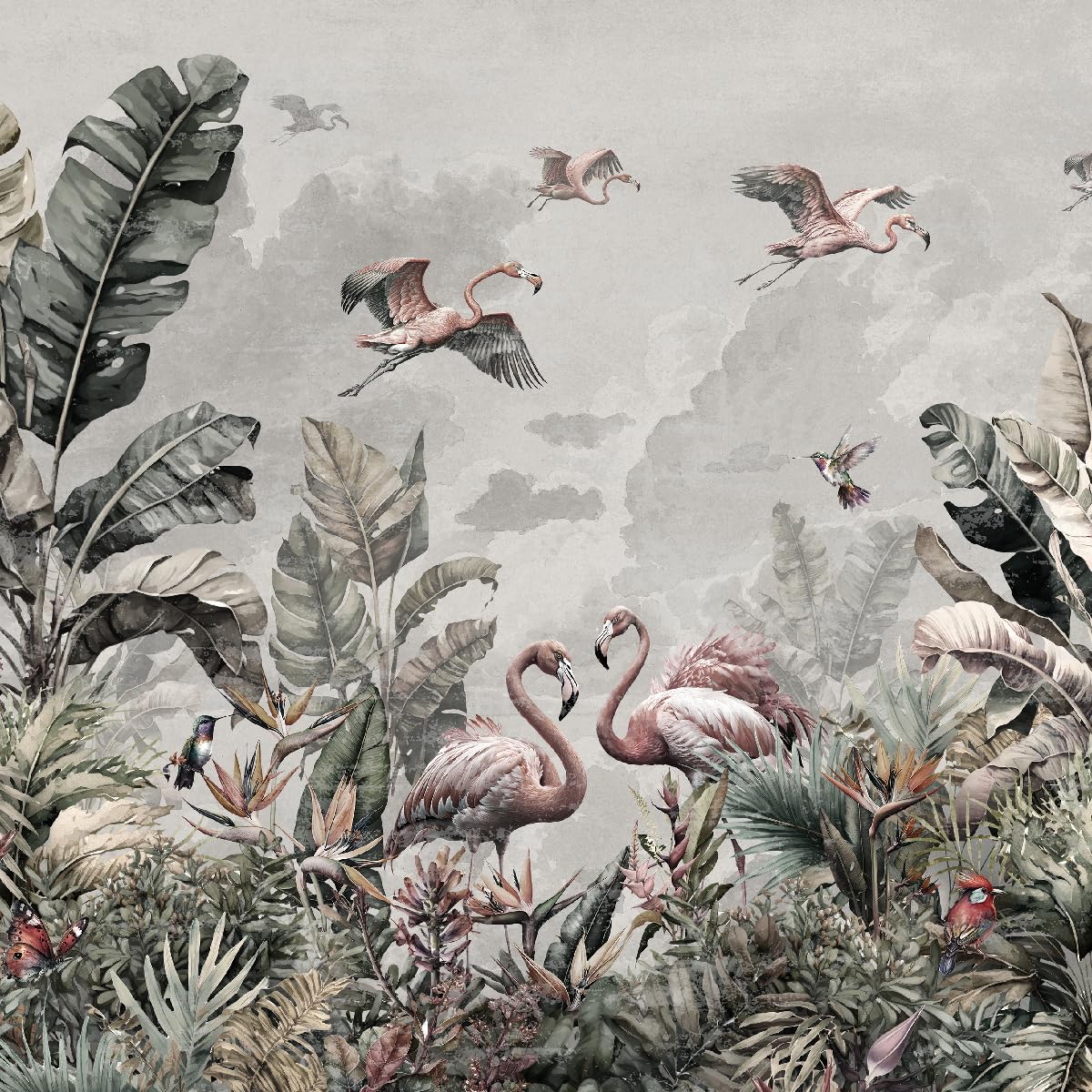 Muralo Papel Pintado en TNT 3D, Jungla con Flamencos - 225x150 cm