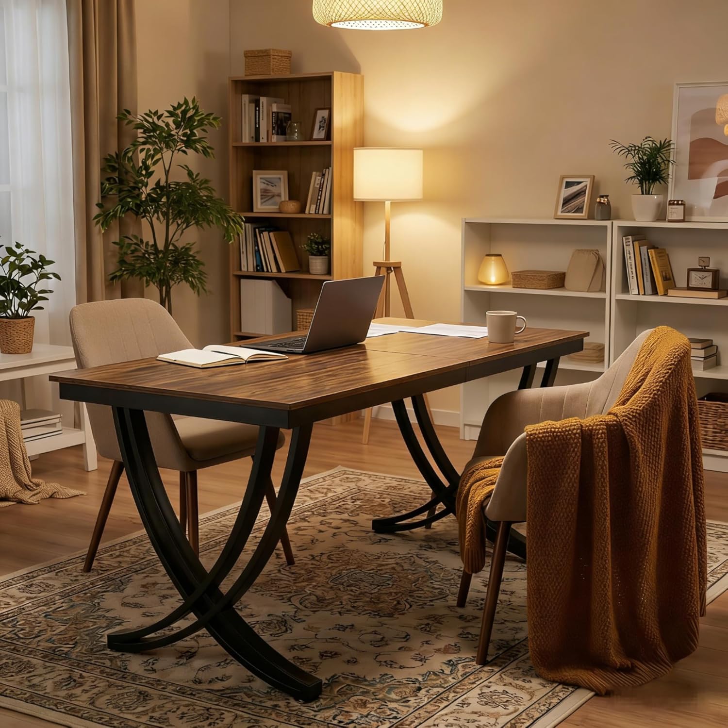 LITTLE TREE 2 Person Computer Desk, 78.7-Inch Extra Long Large Office Desk for Home Office, Shared Executive Desk for Two with Spacious Work Surface, Rustic Brown and Black