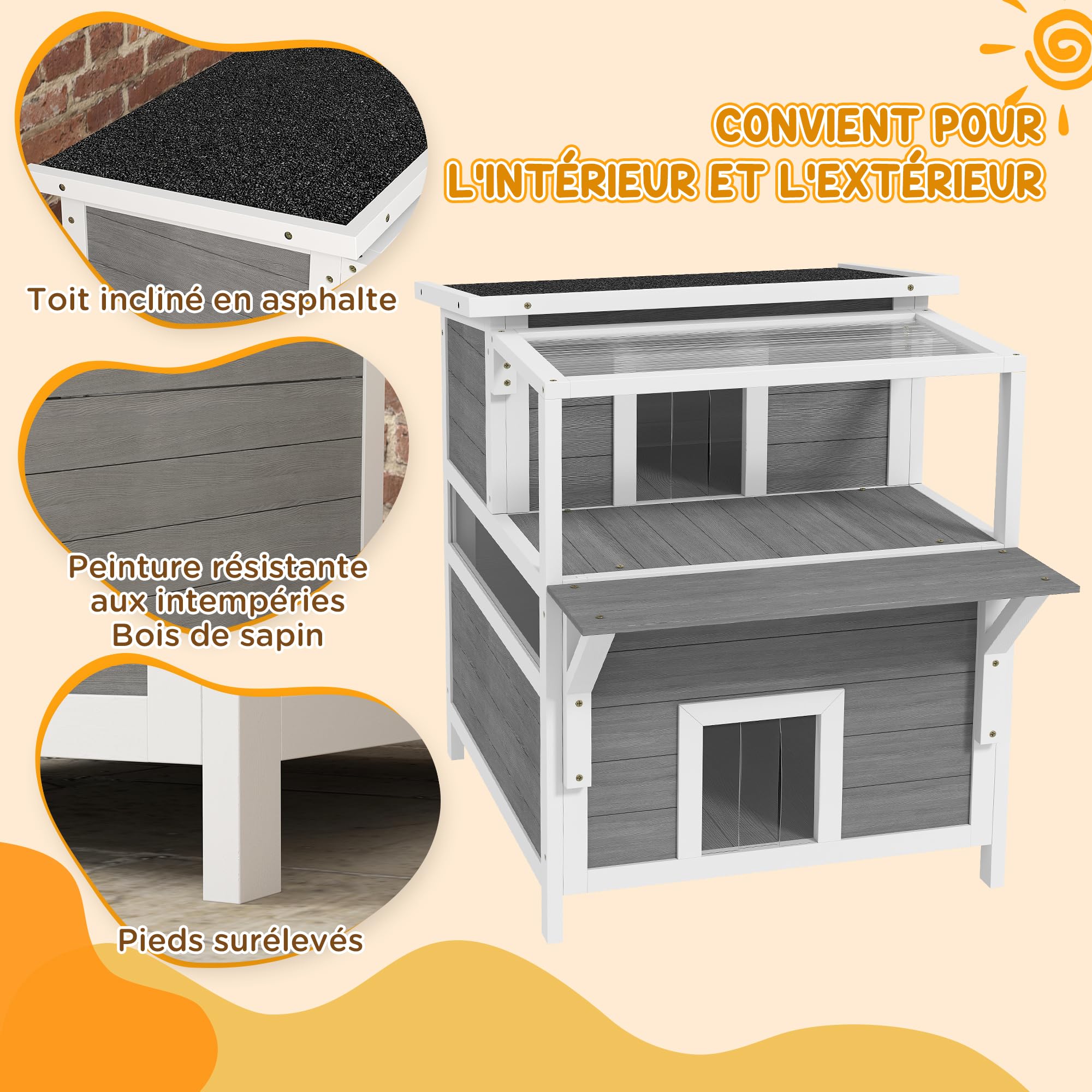 PawHut Maison pour Chat Niche pour Chat Exterieur à 2 étages avec Balcon, cabane pour Chat résistant aux intempéries avec Porte, Toit Ouvert, Panneau et Plancher Amovibles, 64 x 87 x 76 cm, Gris
