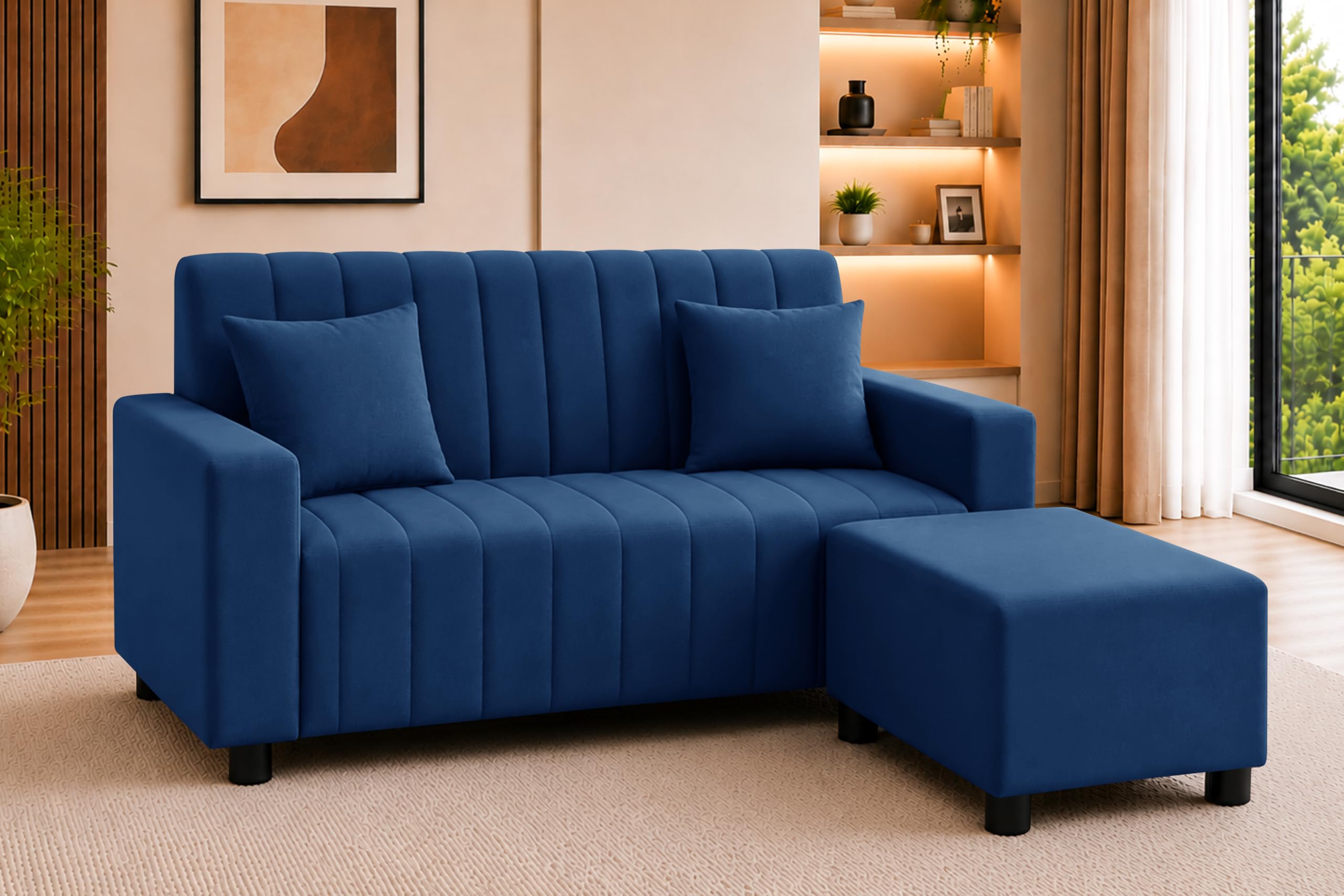 Rosebell 2 Seater Sofa with Ottoman | Living Room Couch | with Cushions | Sofa for Home, Apartment & Office-Blue Color