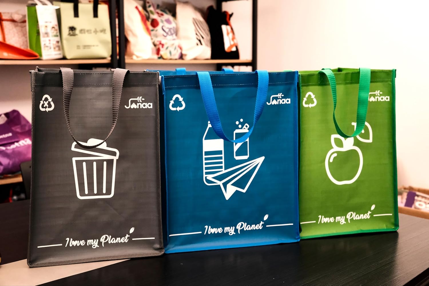 Janaa® | Premium Set of 3 Recycling Bags [Stylish Design] | Durable Sorting Bags for Recyclables, Organic & General Waste (Blue - Green - Grey)
