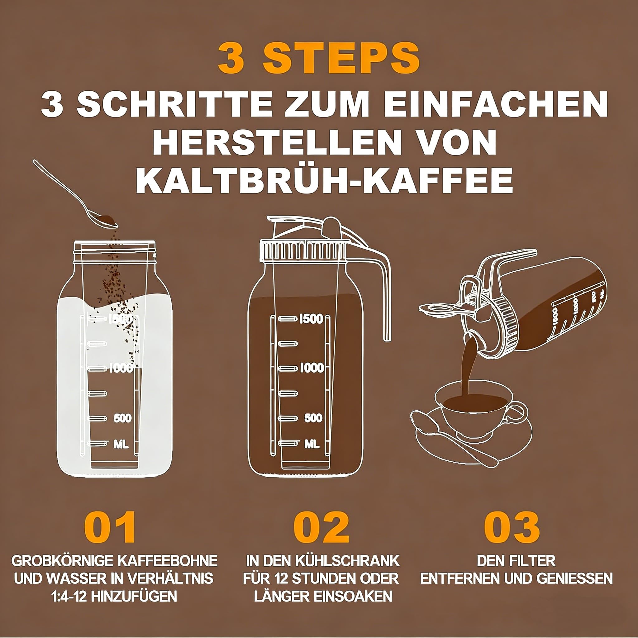 Cold Brew Kaffeebereiter Glas 1,8L, Mehrzweck-Maurerkrug mit Deckel und Filter für Eiskaffee, Limonade, Eistee, Fruchtgetränke
