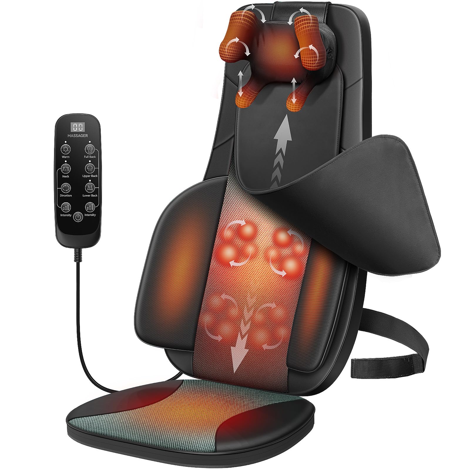 Flekzo Shiatsu Back Massager Chair Pad with 4-Zone Heat, Deep Tissue Kneading & Rolling, 6-Point Finger-Grip Neck & Back Massage, Adjustable Height, Office Chair & Recliner Seat Cushion, Black