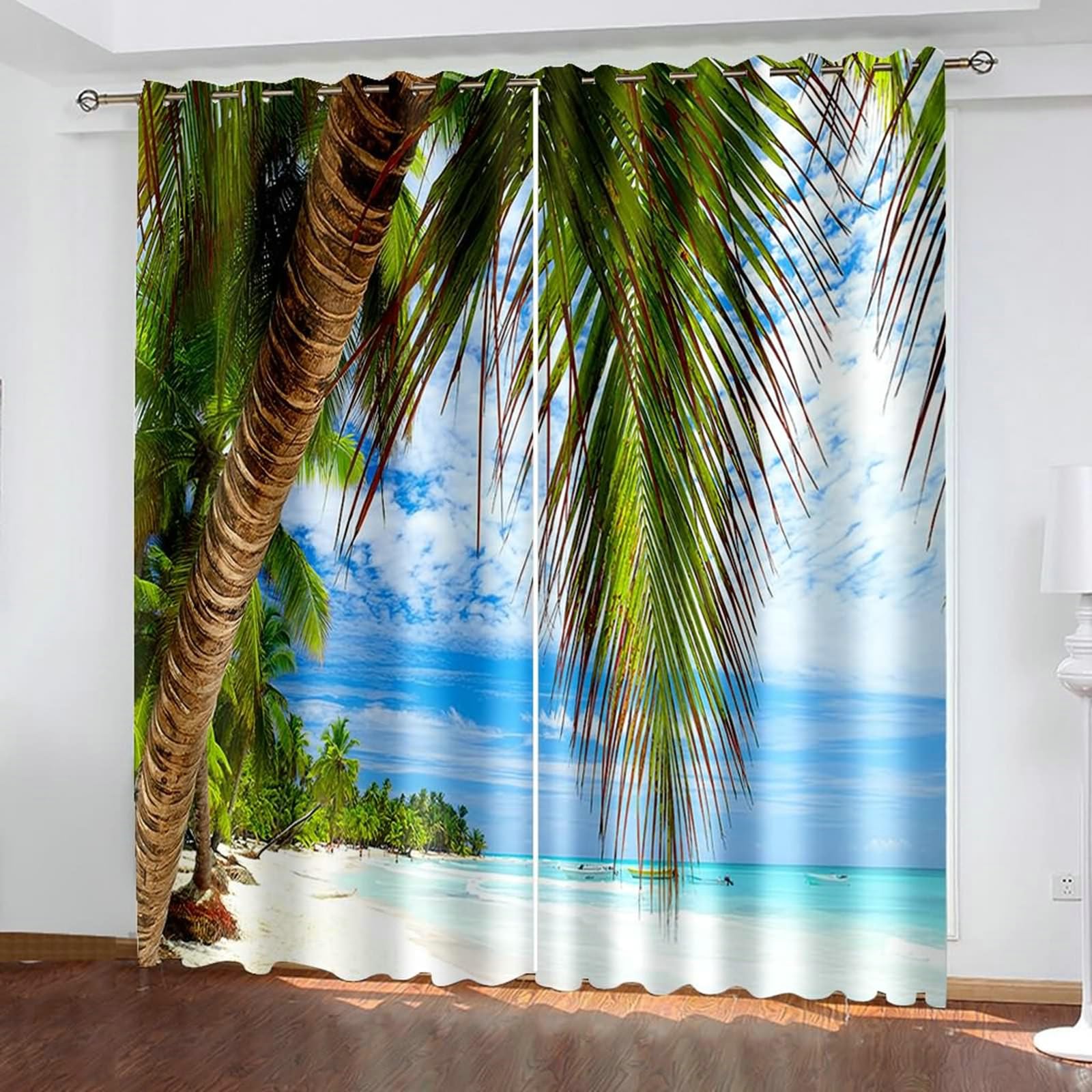 Gualiy Vorhänge mit Ösen 2er Set, Vorhänge 132x160 Meer und Kokospalme Fenstervorhang Blickdicht