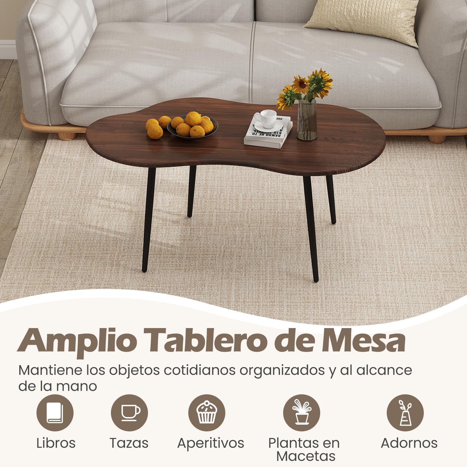 COSTWAY Mesa de Centro con Forma de Nube, Mesita Central Irregular Moderna con Estructura Metálica, Mesita Auxiliar de Madera Decorativa para Saon Oficina Espacios Pequeños, 100 x 50 x 44 cm (Nogal)