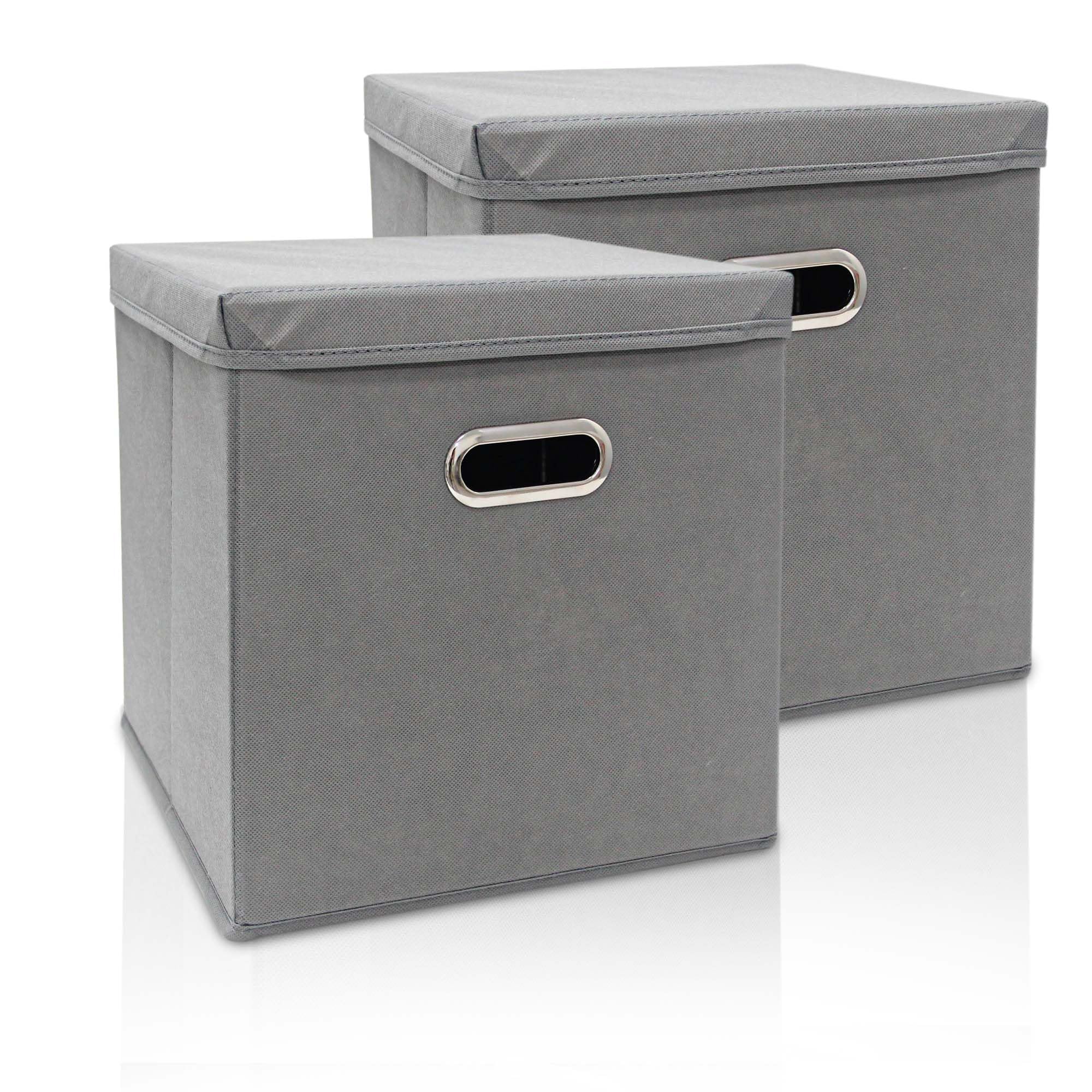 Storage Cube Box with Lids, 2 pack, Fabric Baskets for Shelves. Collapsible and Stackable for organizing Home Office, Nursery, Playroom, Documents, Toys, Clothing (Grey)
