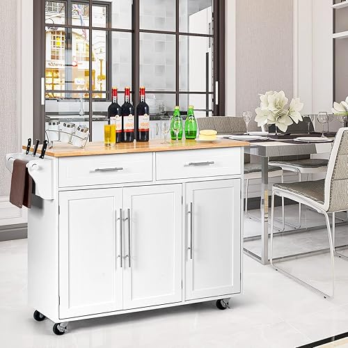 Miniatura 2 de COSTWAY Carrito móvil de isla de cocina carrito de almacenamiento con barra de toallas 2 cajones profundos armarios de 3 puertas ruedas giratorias