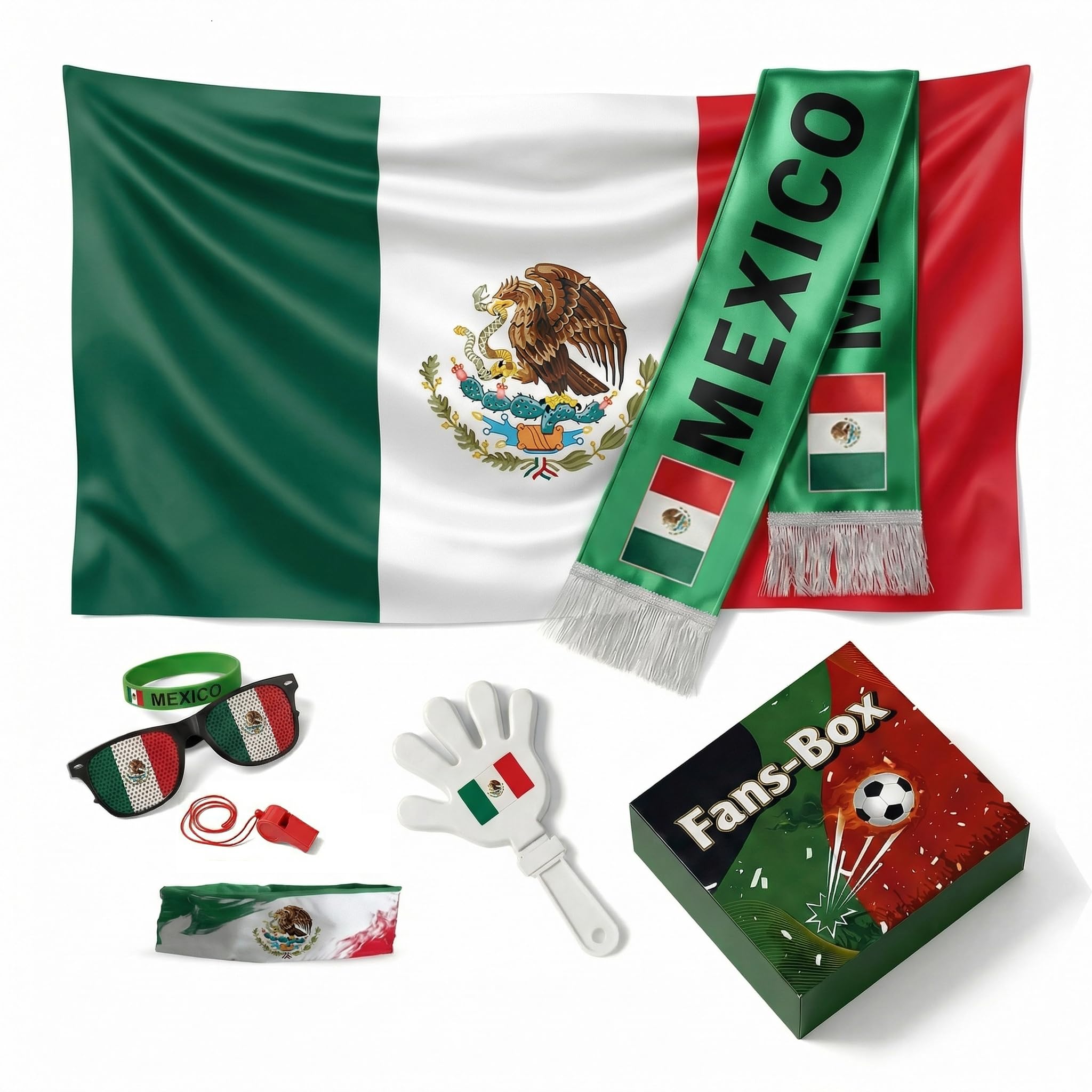 Soccer Fan Gear Set 2026-7 Piece Game Day Kit with Flag, Scarf, Glasses, Whistle, Clapper, Wristband & Headband in Gift Box - Watch Party & Stadium Essentials for Mexico - 1