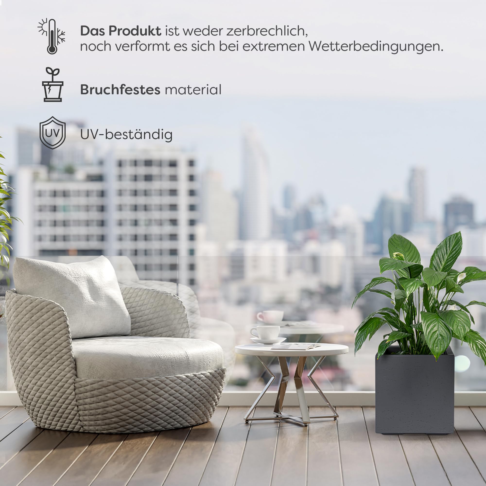 KONZEPT Großer Pflanzkübel auf Rollen, aus 100 % recyceltem Material - 30x30x30cm, für innen und außen, quadratisch, anthrazit in Beton-Optik, mobil – ideal für Garten, Terrasse, Balkon und Wohnräume