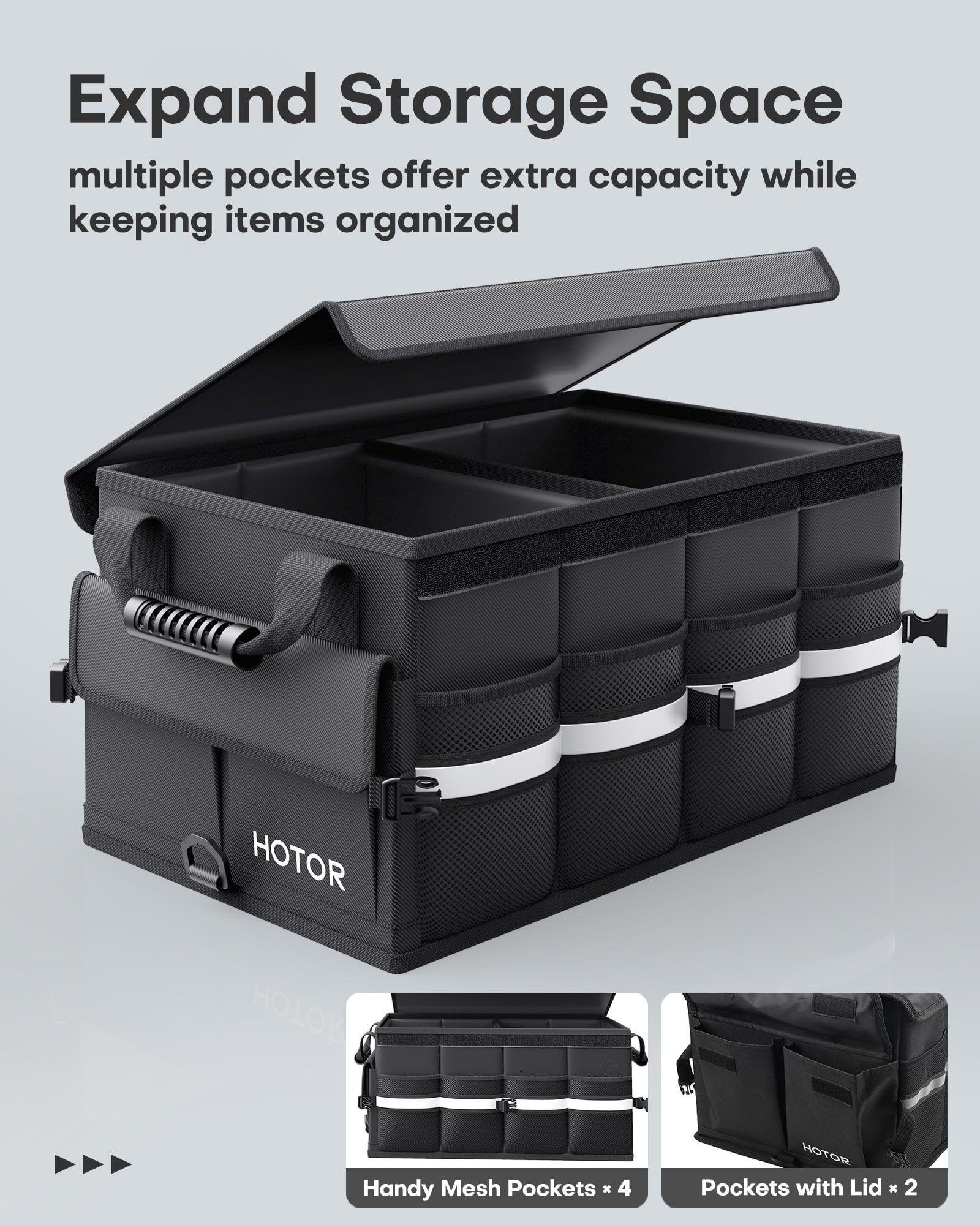 HOTOR Car Trunk Organizer - Foldable Trunk Organizer for SUV, Car Storage with Reflective Strips & Securing Cover, Large Capacity Car Accessories for Truck, Van & Sedan, Black, 22.1" x 12.6" x 11.0"