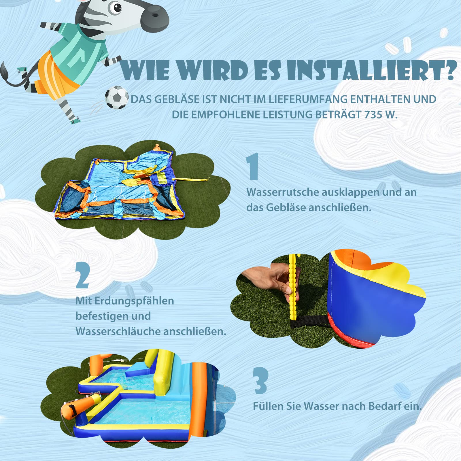 COSTWAY Aufblasbare Hüpfburg mit Gebläse, Wasserrutsche, Planschbecken, Fußballzone, Kletterwand, Zwei Wasserkanonen, und Zielspiel, Spielpool 500 x 465 x 200 cm