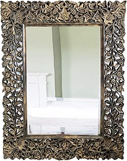 Antique Carved Floral Motif Wood Mirror Rectangular Wall Mirror with Openwork Wall Art Handcarved Mirror Home Decor