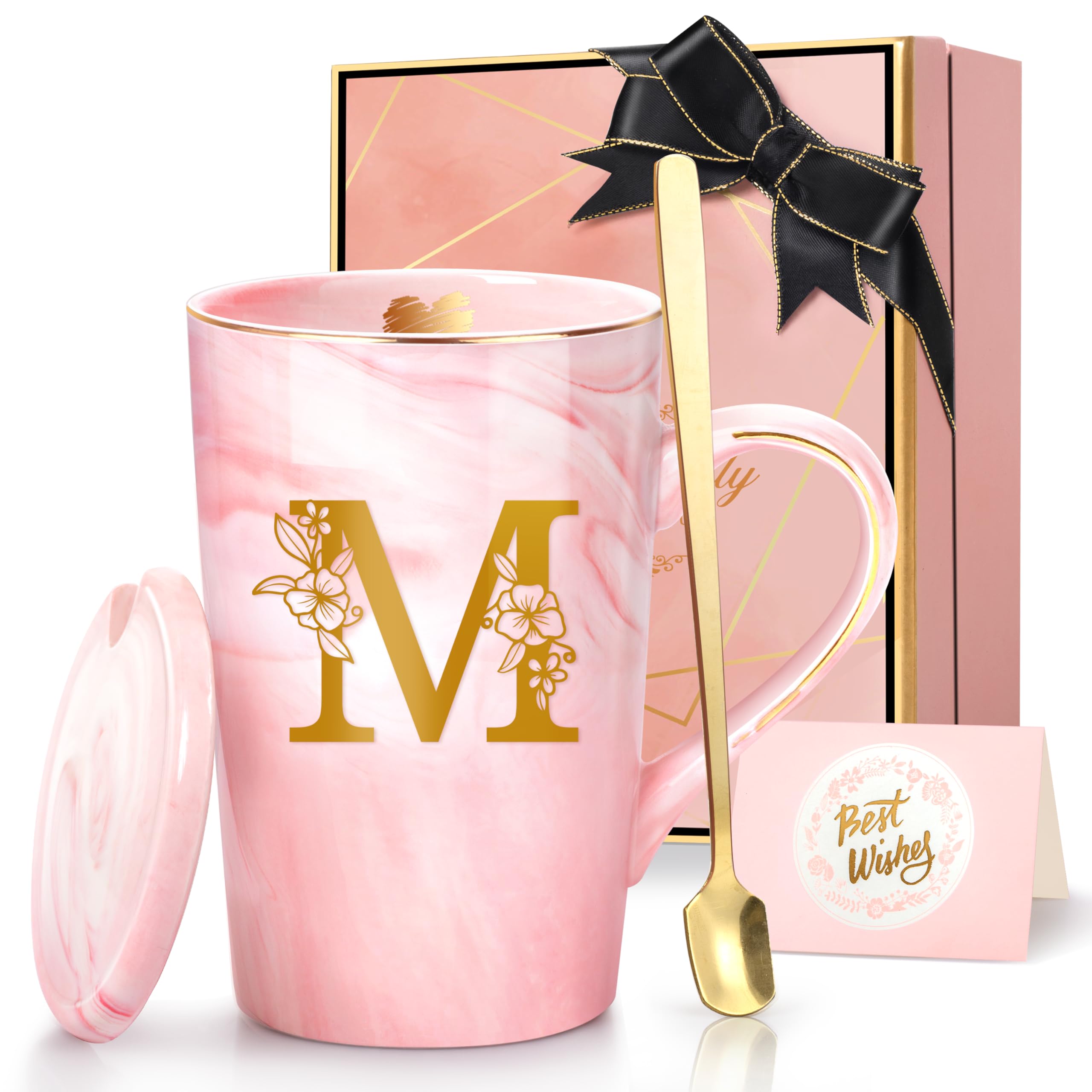 Coffee Mugs - Birthday Gifts for Women Personalized Initial Customized Mug 14 Oz PinkTea Cup with Lid Spoon