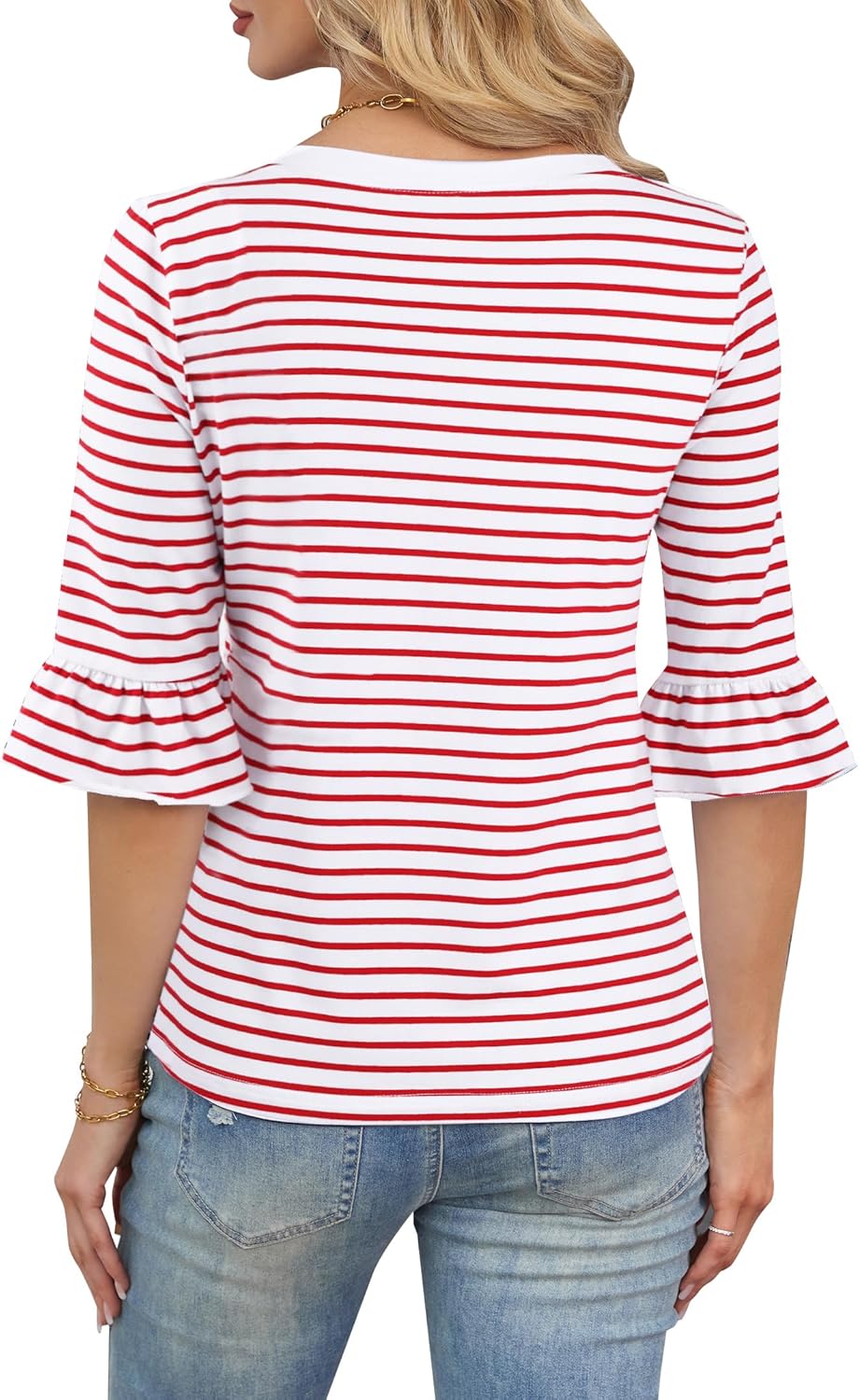 LilyCoco Striped Shirt Women Ruffle 3/4 Sleeve Casual V Neck T Shirts - Image 2