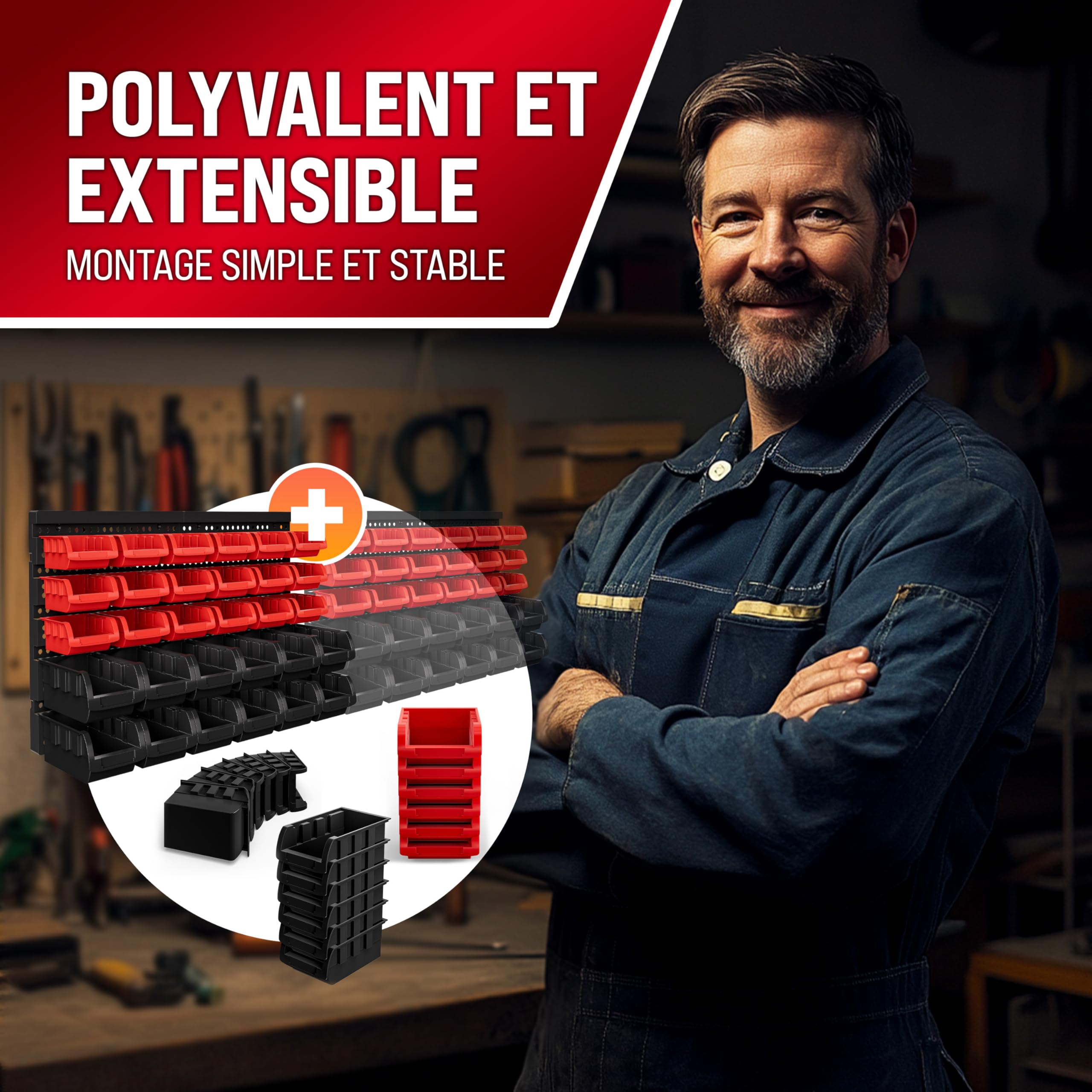 MONZANA® Etagere Murale Pour Atelier Et Garage, Etagere Rangement Modulable Avec 30 Boite Rangement Empilable, Panneaux Muraux En Polypropylène Robuste Pour Visserie Petites Pièces et outils