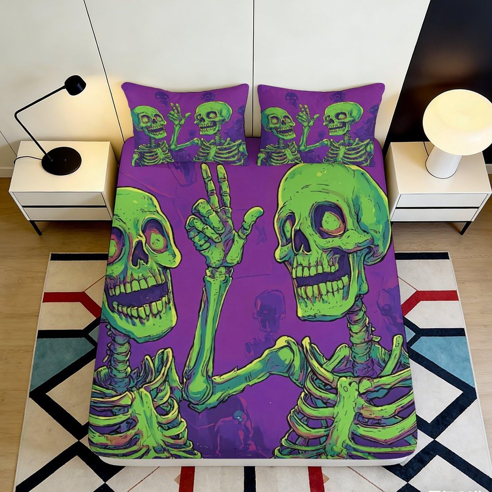 3D Printed Neon Skeleton Fitted Sheet Microfiber Soft Purple Green Skull Bed Cover for Bedroom Dorm Decor Mattress Protection 90x200x25cm