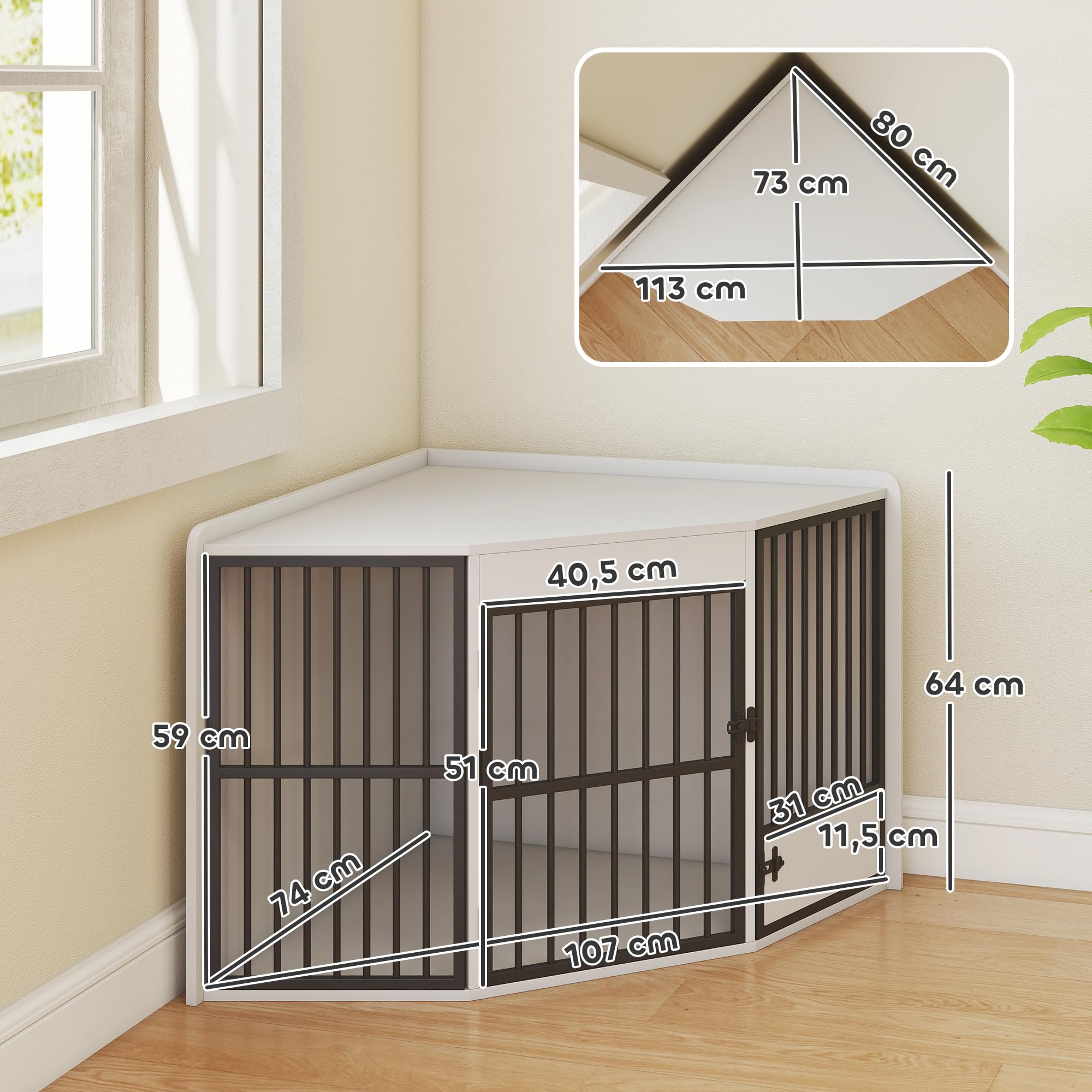 PawHut Eck-Hundekäfig Hundebox für Zuhause, Abschließbare Hundehütte Indoor mit drehbare Fütterungstür Hundehaus für kleine/mittlere Hunde Weiß 113 x 80 x 64 cm