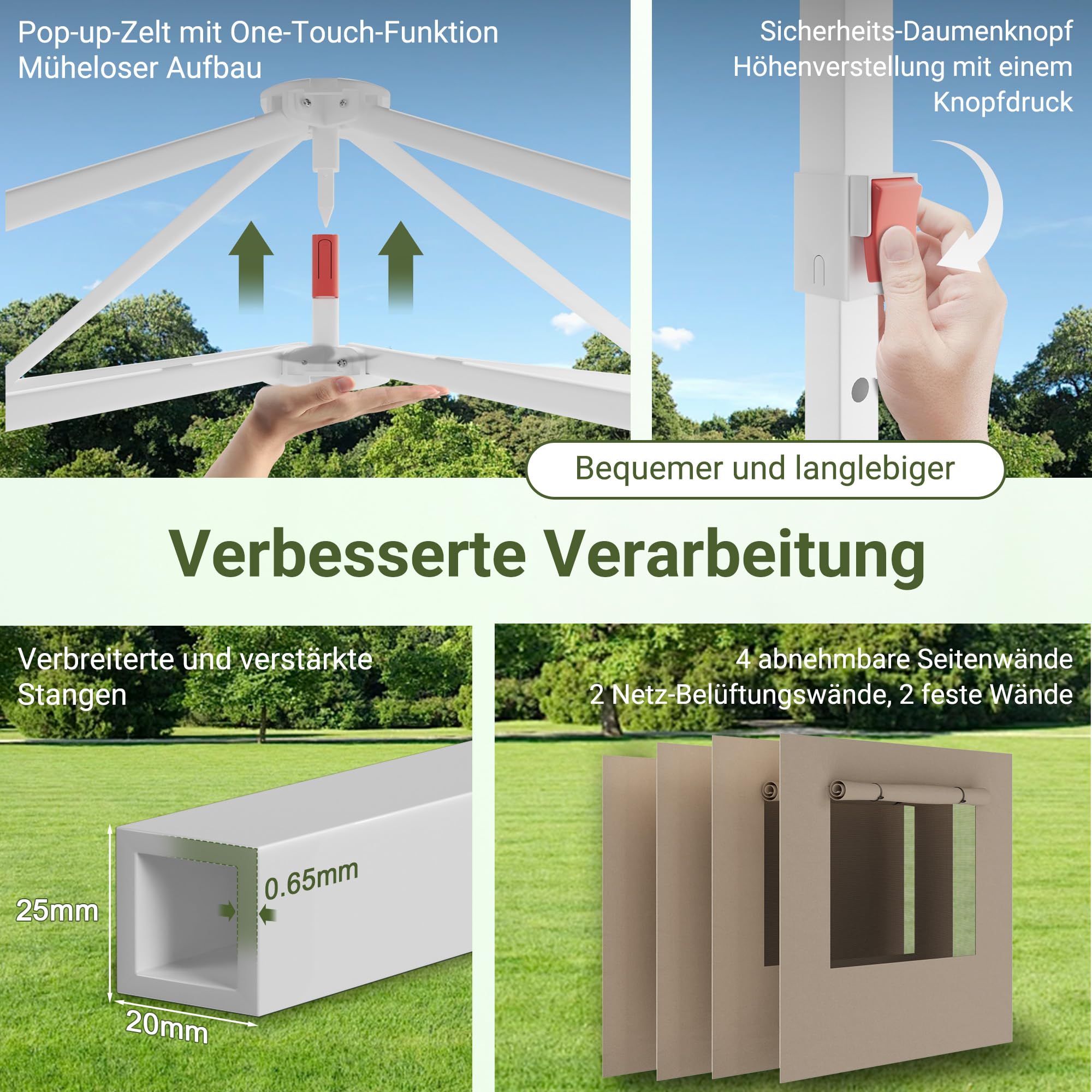 JUMMICO 3x3m Faltpavillon mit Insektenschutz & Belüftung｜Rollos + Lüftungsfenster｜1-Minuten Schnellaufbau｜10cm höhere Dachfläche,Beige