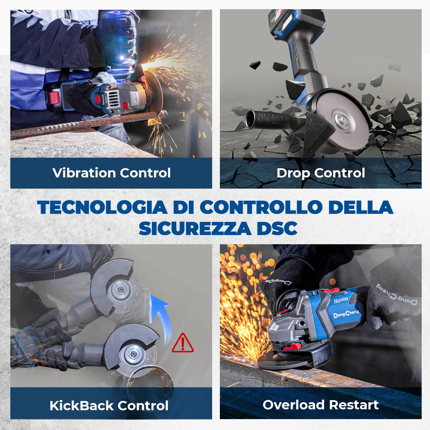 DongCheng Smerigliatrice angolare a batteria 20V 125 mm, 1000 W, 2x4.0Ah | Motore senza spazzole, 3 velocità, cuffie a sgancio rapido, impugnatura antivibrante, 2 dischi da taglio, lamellari T27 e T29