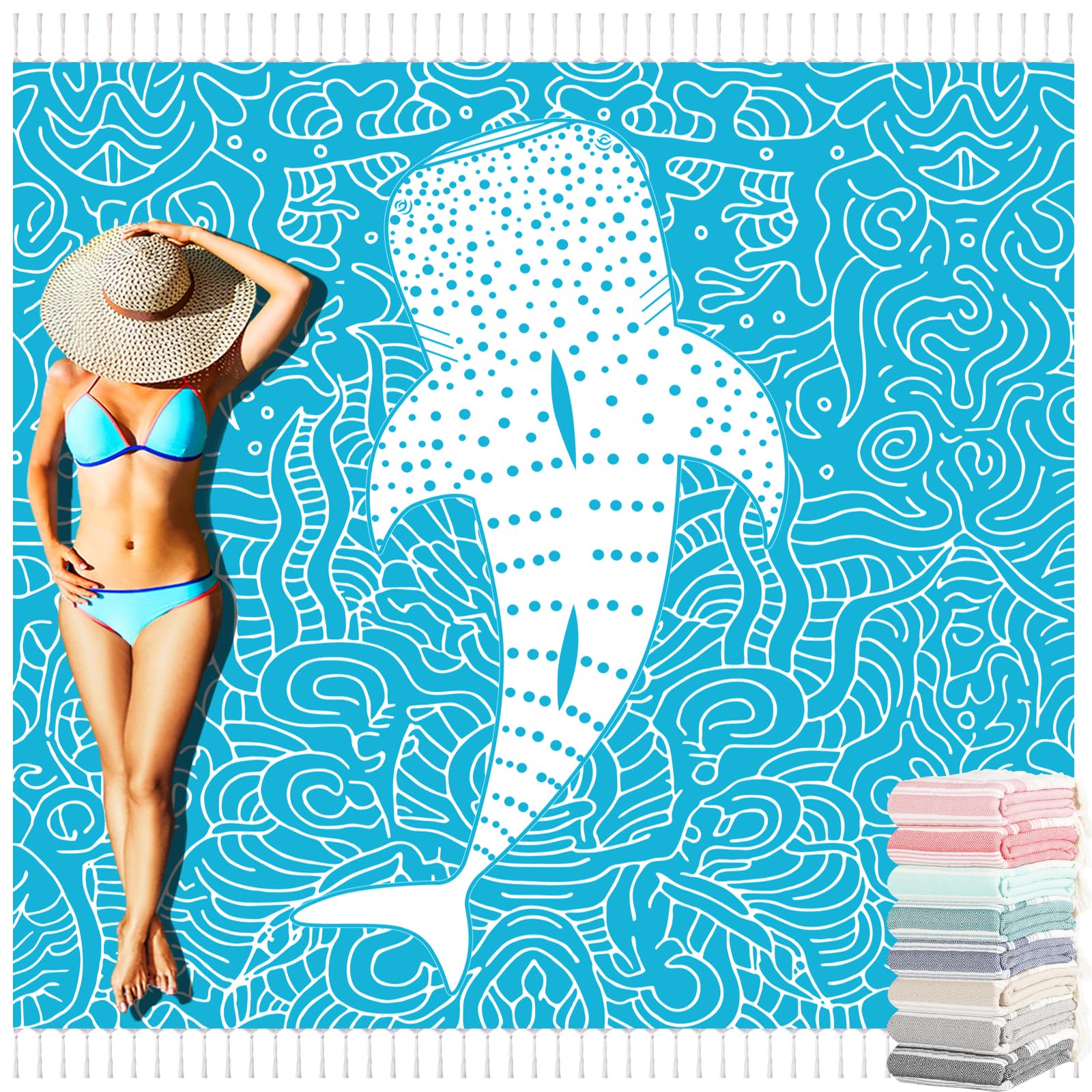 Yongoes Turkish Beach Towel Blanket Oversized 71x79 Blue Teal Whale Shark