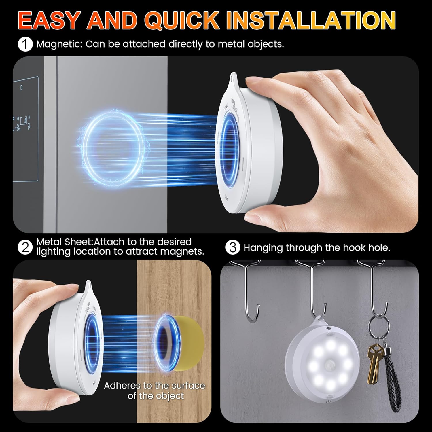 YiaMia Motion Sensor Under Cabinet Lights - 6 Pack, Indoor Smart Sensor Night Light, 3 × AA Battery Operated Wireless Stair Light, Dimmable Puck Lights Suitable for Kitchens, Wardrobes, Hallway