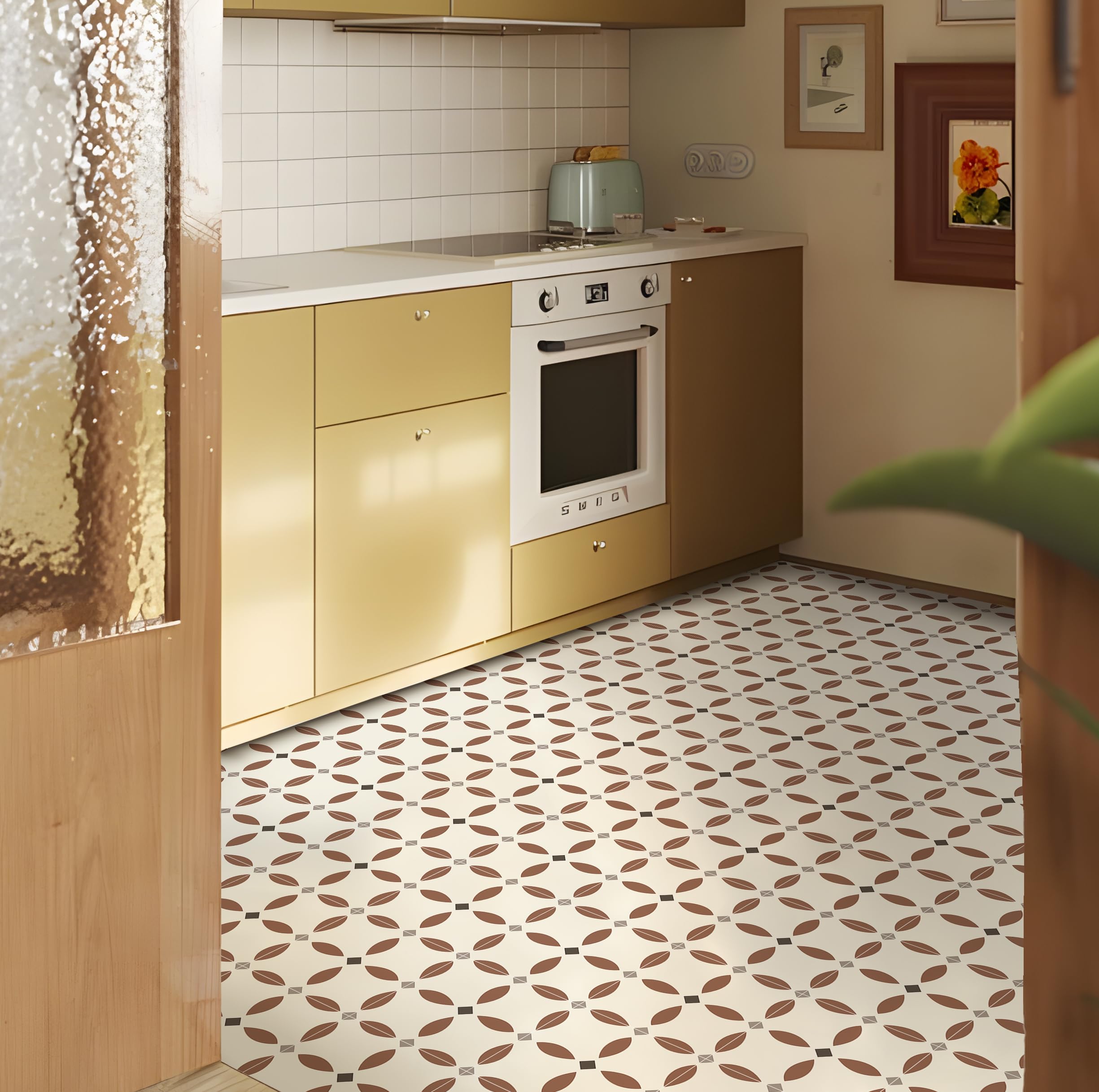 Alwayspon Peel and Stick Floor Tiles, 20cm/8inch×20Sheet Waterproof Removable Non-Slip Vinyl Plank Flooring Tile for Bathroom Kitchen Bedroom, Renter Friendly Floor Decor DIY, Retro Red Floral