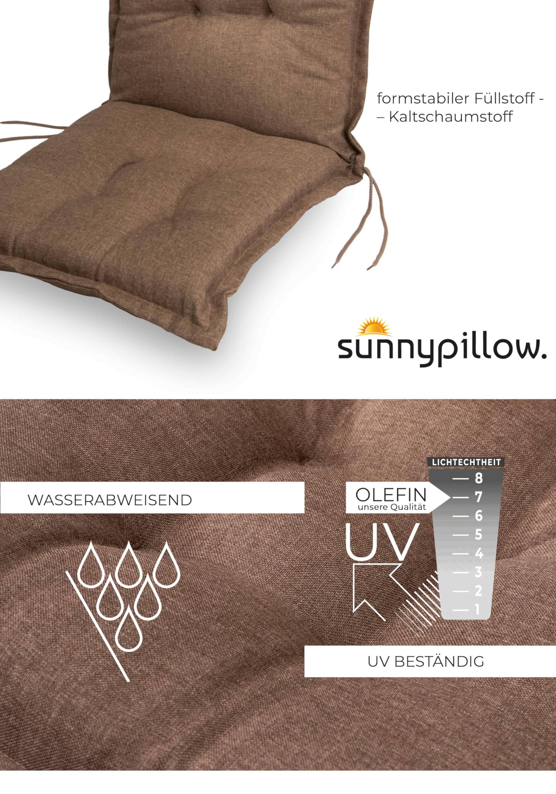sunnypillow 6 poduszek na krzesła ogrodowe z niskim oparciem, 100 x 50 x 9 cm, 6 kolorów do wyboru, nakładki na krzesła do użytku wewnątrz i na zewnątrz, brązowe
